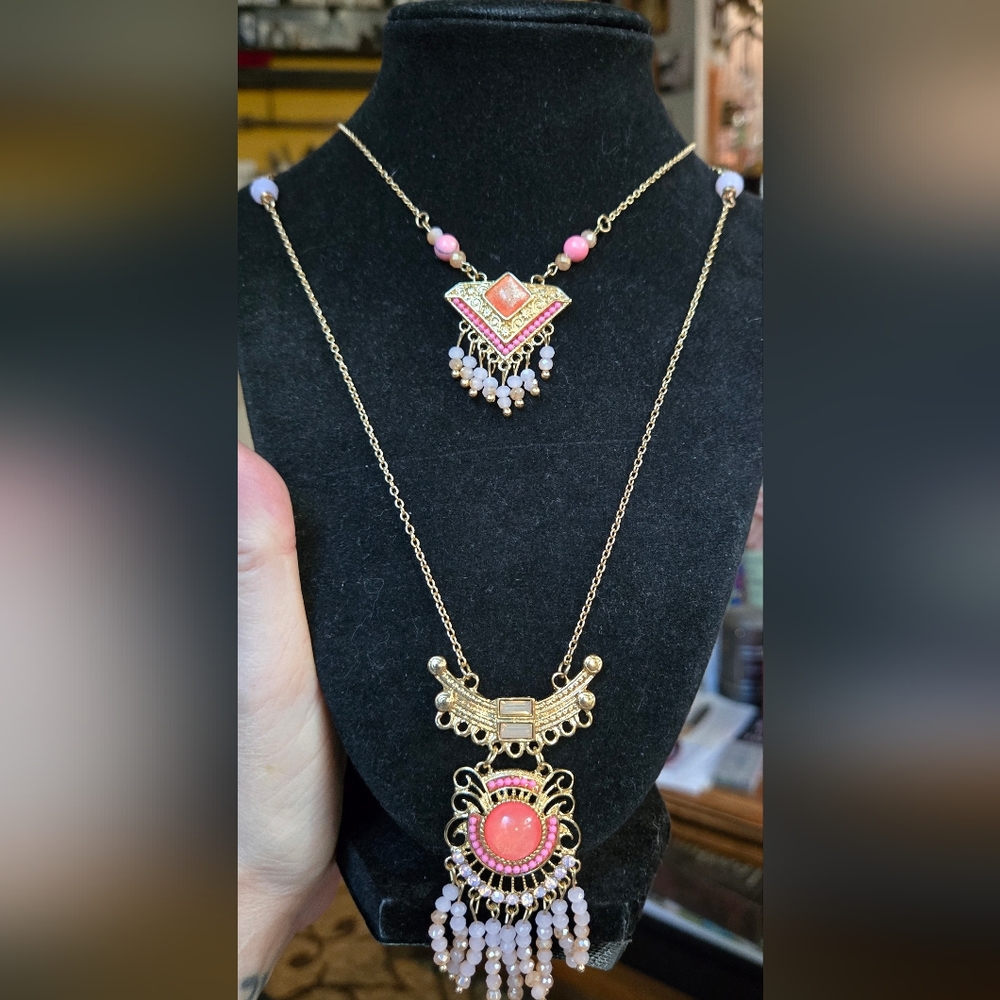 Handmade dual peach tribal style long statement necklace sz34" - Picture 2 of 7